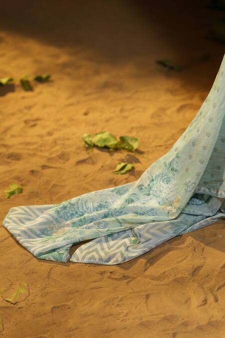 Bairaas_Blue Mul Cotton Hand Block Print Floral V Neck Angrakha Anarkali Set_at_Aza_Fashions