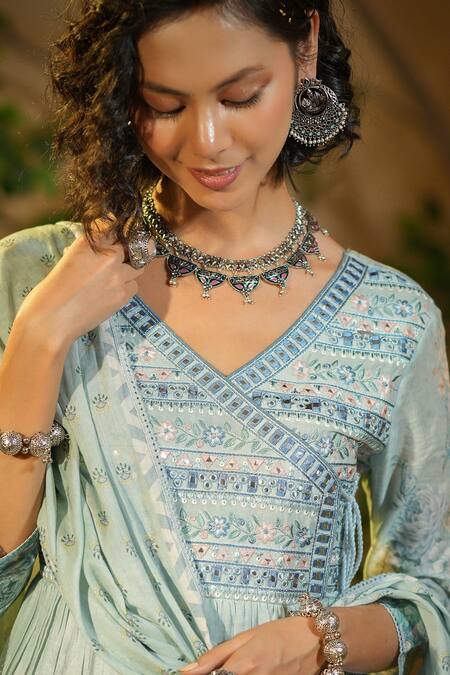 Buy_Bairaas_Blue Mul Cotton Hand Block Print Floral V Neck Angrakha Anarkali Set