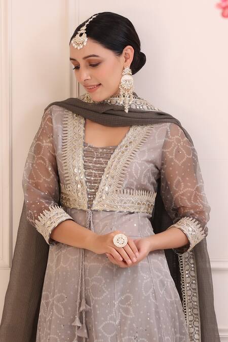 Bairaas_Grey Kota Doria Printed Bandhani Square Neck Anarkali Sharara Set_at_Aza_Fashions