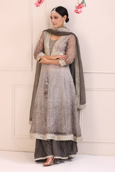 Buy_Bairaas_Grey Kota Doria Printed Bandhani Square Neck Anarkali Sharara Set_Online_at_Aza_Fashions