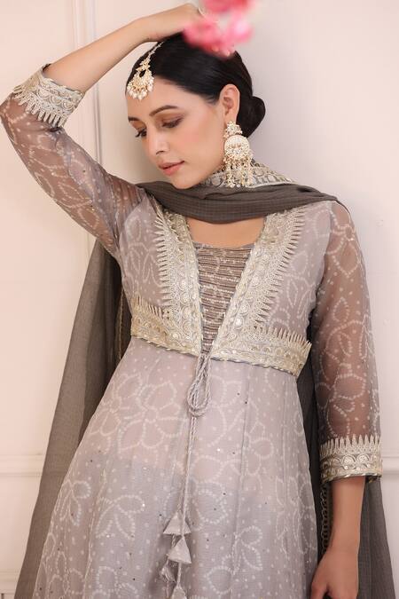 Shop_Bairaas_Grey Kota Doria Printed Bandhani Square Neck Anarkali Sharara Set_Online_at_Aza_Fashions