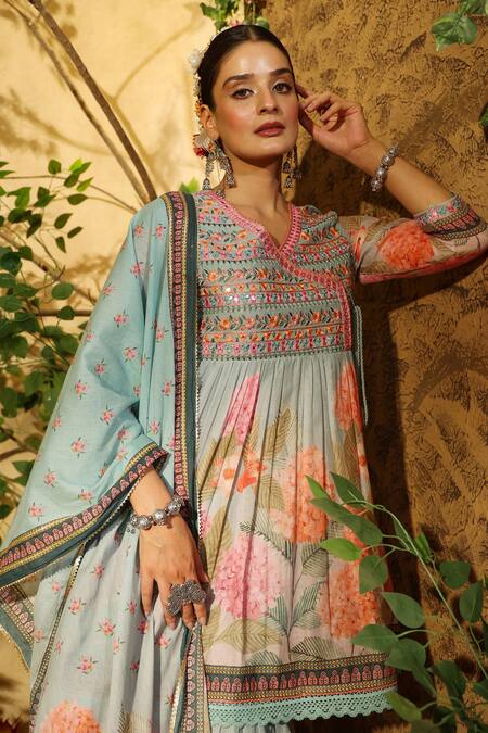 Bairaas_Green Mul Cotton Hand Block Print Floral V Flower Angrakha Anarkali Sharara Set_Online_at_Aza_Fashions