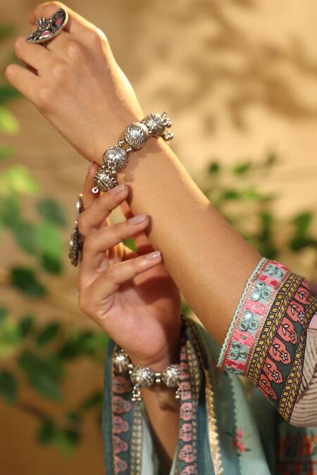 Buy_Bairaas_Green Mul Cotton Hand Block Print Floral V Flower Angrakha Anarkali Sharara Set_Online_at_Aza_Fashions