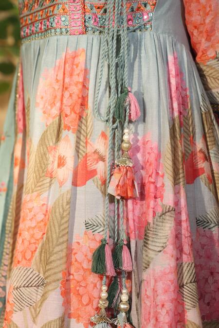 Shop_Bairaas_Green Mul Cotton Hand Block Print Floral V Flower Angrakha Anarkali Sharara Set_Online_at_Aza_Fashions