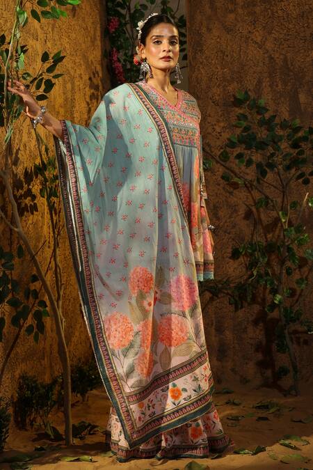 Bairaas_Green Mul Cotton Hand Block Print Floral V Flower Angrakha Anarkali Sharara Set_at_Aza_Fashions