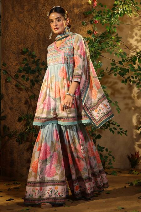 Buy_Bairaas_Green Mul Cotton Hand Block Print Floral V Flower Angrakha Anarkali Sharara Set