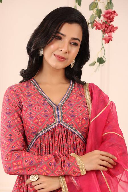 Bairaas_Magenta Muslin Printed Rangoli Patterns V Neck Anarkali With Dupatta_at_Aza_Fashions