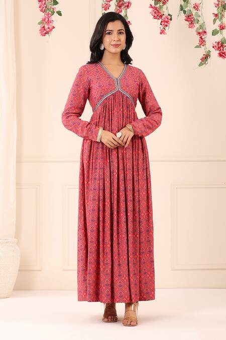 Bairaas_Magenta Muslin Printed Rangoli Patterns V Neck Anarkali With Dupatta_Online_at_Aza_Fashions