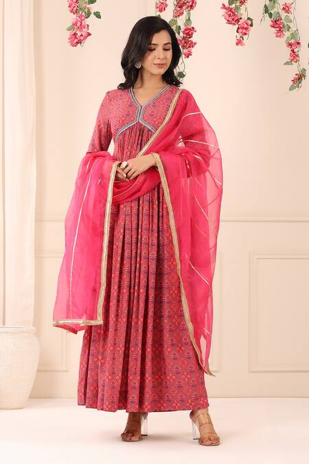 Buy_Bairaas_Magenta Muslin Printed Rangoli Patterns V Neck Anarkali With Dupatta_Online_at_Aza_Fashions