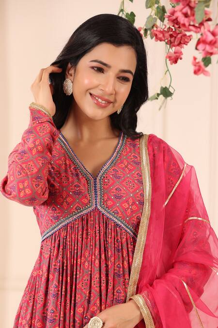 Shop_Bairaas_Magenta Muslin Printed Rangoli Patterns V Neck Anarkali With Dupatta_Online_at_Aza_Fashions