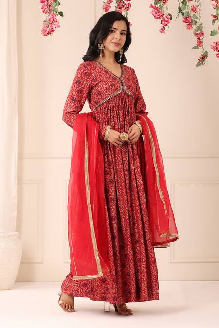 Buy_Bairaas_Red Muslin, Organza Sequins V-neck Printed Long Anarkali With Dupatta_Online_at_Aza_Fashions