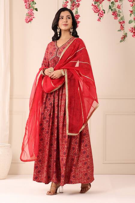 Shop_Bairaas_Red Muslin, Organza Sequins V-neck Printed Long Anarkali With Dupatta_Online_at_Aza_Fashions