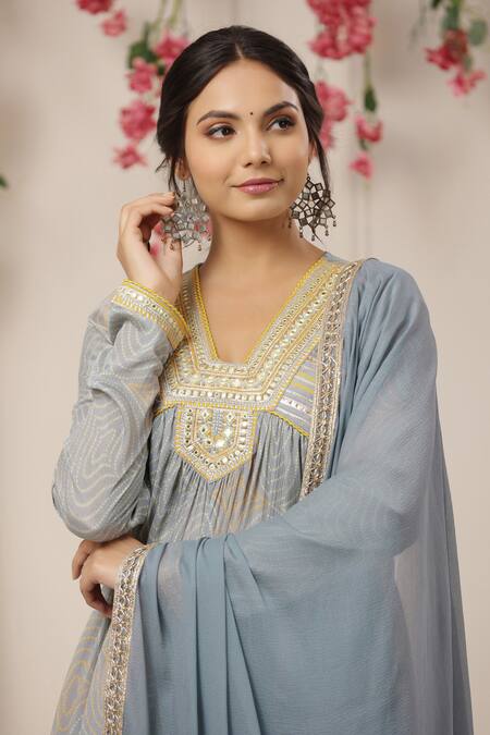 Bairaas_Blue Chinon Embroidered Gota Work V Neck Bandhej Pattern Anarkali Sharara Set_at_Aza_Fashions
