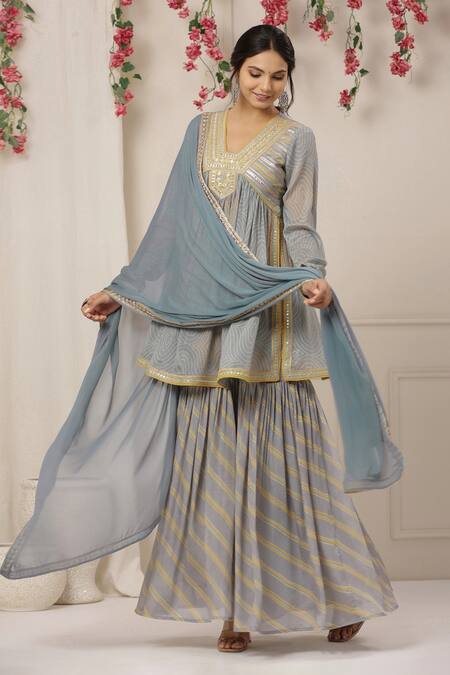 Buy_Bairaas_Blue Chinon Embroidered Gota Work V Neck Bandhej Pattern Anarkali Sharara Set_Online_at_Aza_Fashions