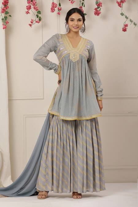 Shop_Bairaas_Blue Chinon Embroidered Gota Work V Neck Bandhej Pattern Anarkali Sharara Set_Online_at_Aza_Fashions