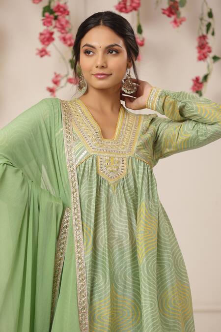 Shop_Bairaas_Green Chinon Embroidered Gota Work V Bandhej Pattern Short Anarkali Sharara Set_Online_at_Aza_Fashions