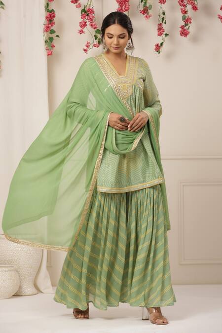 Bairaas_Green Chinon Embroidered Gota Work V Bandhej Pattern Short Anarkali Sharara Set_Online_at_Aza_Fashions