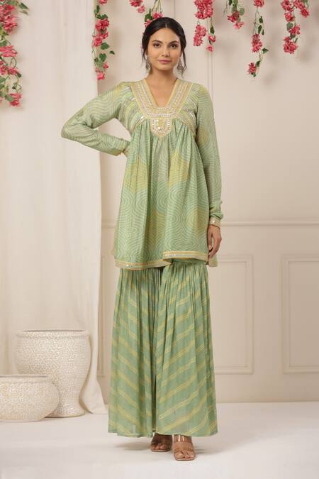 Buy_Bairaas_Green Chinon Embroidered Gota Work V Bandhej Pattern Short Anarkali Sharara Set_Online_at_Aza_Fashions