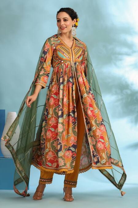 Bairaas_Yellow Muslin Floral Patterns V Neck Banno Front Cut Anarkali Set_Online_at_Aza_Fashions