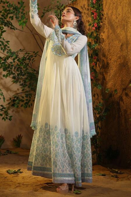 Shop_Bairaas_Blue Mul Cotton Hand Block Print Mirror Yoke Embroidered Anarkali With Dupatta_Online_at_Aza_Fashions