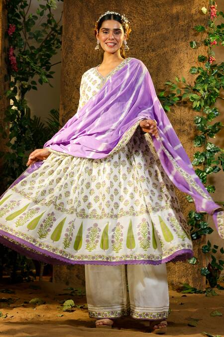 Bairaas_Purple Mul Cotton Hand Block Print Floral V Neck Anarkali Sharara Set_Online_at_Aza_Fashions