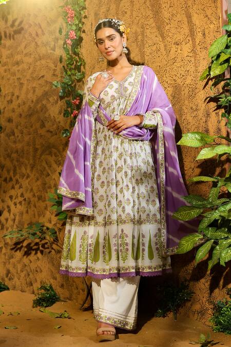 Buy_Bairaas_Purple Mul Cotton Hand Block Print Floral V Neck Anarkali Sharara Set_Online_at_Aza_Fashions