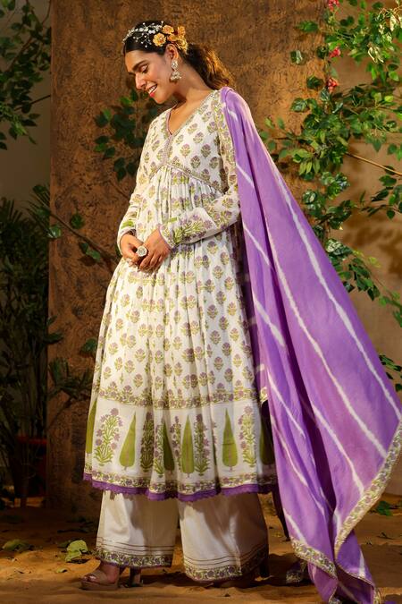 Shop_Bairaas_Purple Mul Cotton Hand Block Print Floral V Neck Anarkali Sharara Set_Online_at_Aza_Fashions
