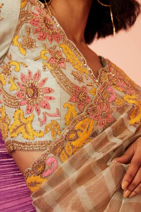 Shop_Sureena Chowdhri_Green Saree Striped Tissue Silk Embroidered Floral Museum And Blouse Set_Online_at_Aza_Fashions