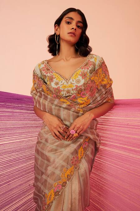 Buy_Sureena Chowdhri_Green Saree Striped Tissue Silk Embroidered Floral Museum And Blouse Set