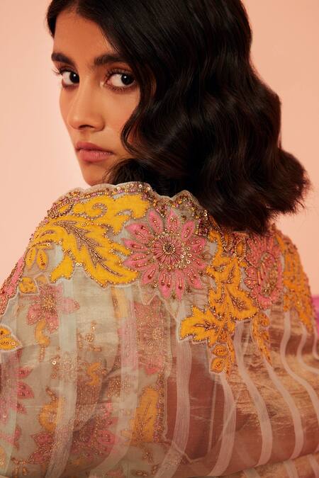 Shop_Sureena Chowdhri_Green Saree Striped Tissue Silk Embroidered Floral Museum And Blouse Set