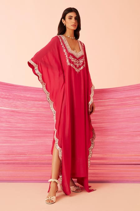 Shop Sureena Chowdhri Magenta Muslin Embroidered Dori V Neck Melody Yoke Kaftan Online at Aza Fashions Shop_Sureena Chowdhri_Magenta Muslin Embroidered Dori V Neck Melody Yoke Kaftan_Online_at_Aza_Fashions