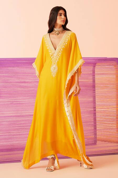 Sureena Chowdhri Yellow Muslin Embroidered Dori Deep V Neck Yoke Kaftan Online at Aza Fashions Sureena Chowdhri_Yellow Muslin Embroidered Dori Deep V Neck Yoke Kaftan_Online_at_Aza_Fashions