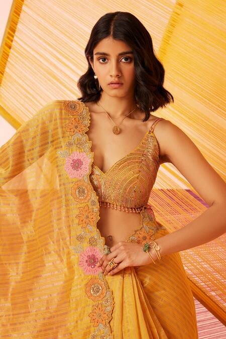 Sureena Chowdhri_Yellow Saree Striped Tissue Silk Embroidered Aari Museum Of Mind And Blouse Set_Online_at_Aza_Fashions