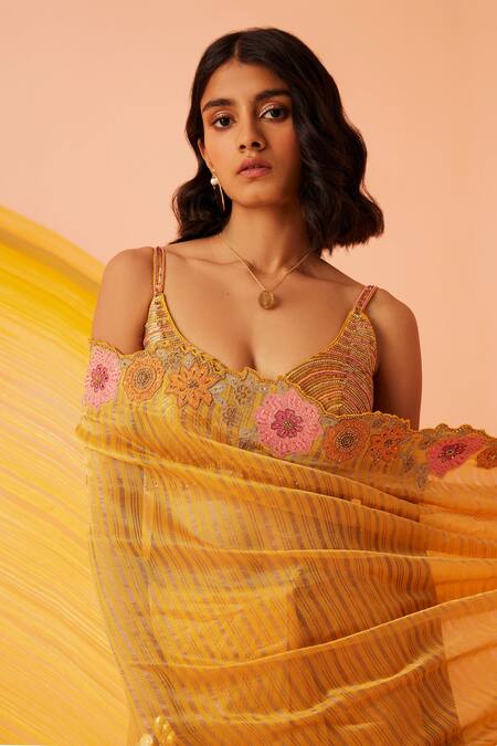 Shop_Sureena Chowdhri_Yellow Saree Striped Tissue Silk Embroidered Aari Museum Of Mind And Blouse Set_Online_at_Aza_Fashions