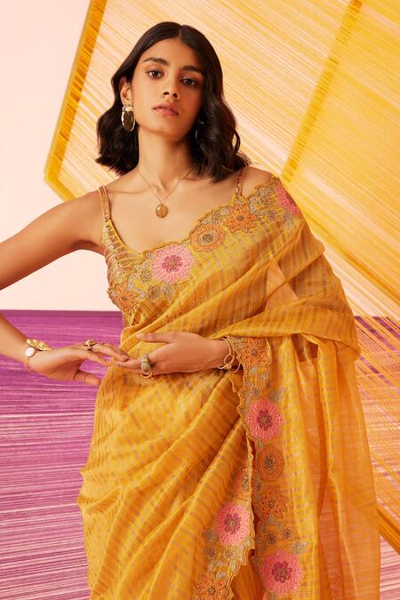 Sureena Chowdhri_Yellow Saree Striped Tissue Silk Embroidered Aari Museum Of Mind And Blouse Set_at_Aza_Fashions