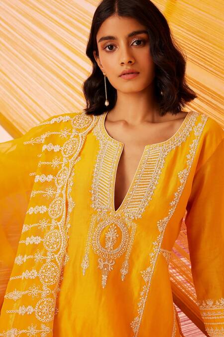 Buy Sureena Chowdhri Yellow Silk Chanderi Embroidered Dori Notched Round Fun In The Sun Kurta Set Online at Aza Fashions Buy_Sureena Chowdhri_Yellow Silk Chanderi Embroidered Dori Notched Round Fun In The Sun Kurta Set_Online_at_Aza_Fashions