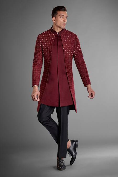 More Mischief_Maroon Silk, Linen, Cotton Embroidery Geometric Asymmetric Sherwani Set_Online_at_Aza_Fashions