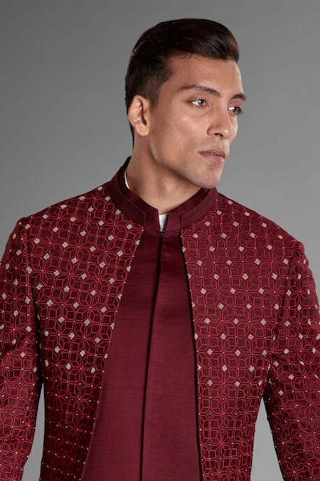 Buy_More Mischief_Maroon Silk, Linen, Cotton Embroidery Geometric Asymmetric Sherwani Set_Online_at_Aza_Fashions