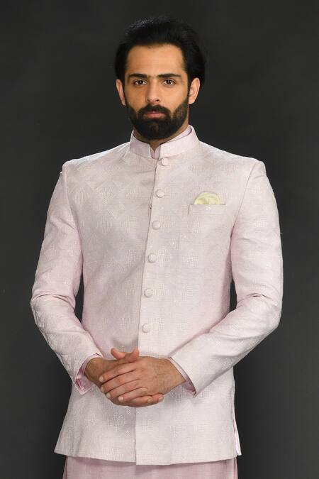 Buy_Sammohan Ceremonial_Pink Viscose, Cotton Sequins, Embroidery Geometric Bandhgala Set_Online_at_Aza_Fashions