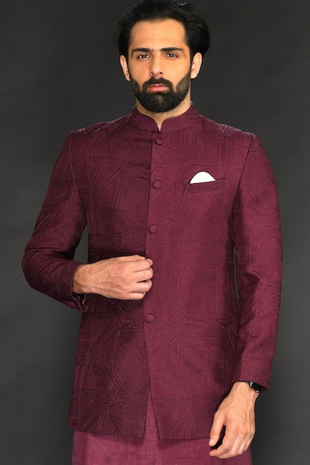 Buy_Sammohan Ceremonial_Maroon Cotton, Viscose Sequins, Embroidery Textured Pattern Bandhgala Set_Online_at_Aza_Fashions