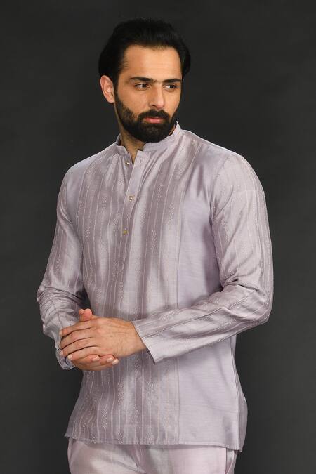 Shop_Sammohan Ceremonial_Purple Viscose Silk Embroidered Thread Work Short Kurta_Online_at_Aza_Fashions