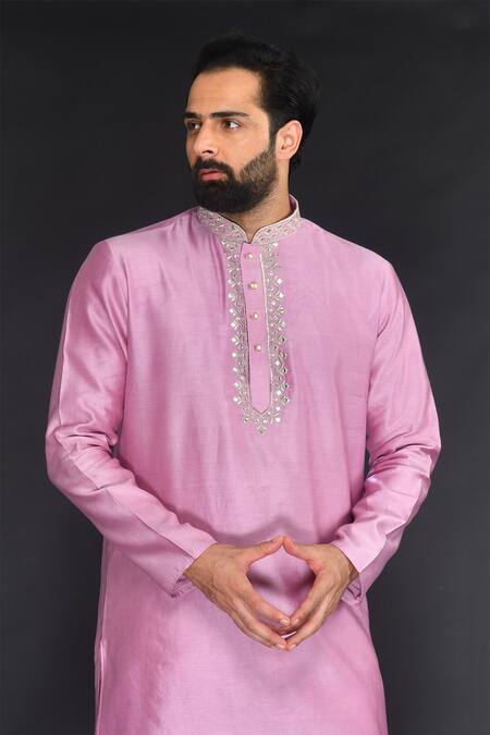 Shop_Sammohan Ceremonial_Purple Vis Silk And Spun  Lining 100% Mandarin Collar Kurta Set_Online_at_Aza_Fashions