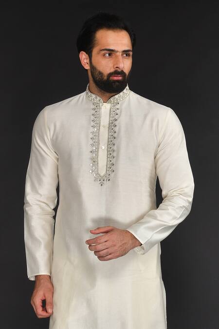Shop Sammohan Ceremonial Beige Vis Silk And Spun Lining 100% Placement Kurta Set Online at Aza Fashions Shop_Sammohan Ceremonial_Beige Vis Silk And Spun Lining 100% Placement Kurta Set_Online_at_Aza_Fashions