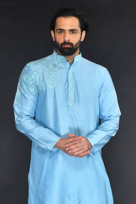 Shop_Sammohan Ceremonial_Blue Vis Silk And Spun  Lining 100% Yoke Placement Kurta Set_Online_at_Aza_Fashions