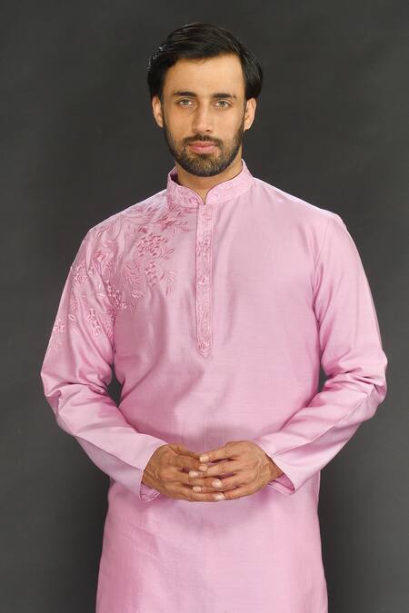 Shop_Sammohan Ceremonial_Purple Vis Silk And Spun  Lining 100% Placement Hand Kurta Set_Online_at_Aza_Fashions