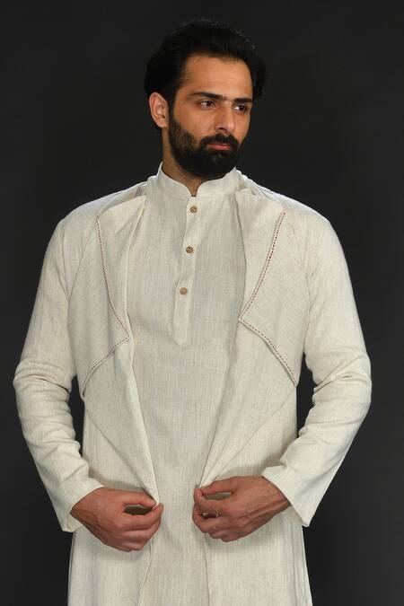 Buy_Sammohan Ceremonial_Beige Vis Silk And Spun  Lining 100% Front Flap Kurta Set_Online_at_Aza_Fashions