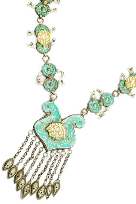 Buy_Neeta Boochra_Silver Plated Kundan Embellished Meenakari Pendant Necklace_Online_at_Aza_Fashions