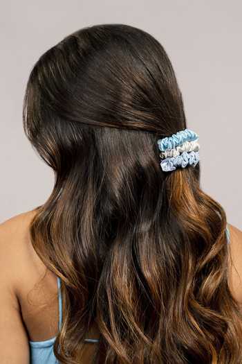 Hair Drama CO_Blue Silk Satin Scrunchies - Set Of 3_Online_at_Aza_Fashions