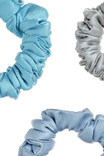 Shop_Hair Drama CO_Blue Silk Satin Scrunchies - Set Of 3_Online_at_Aza_Fashions