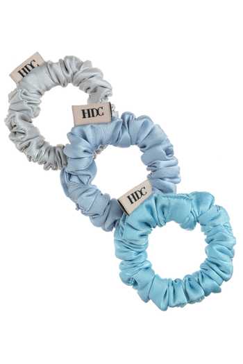 Hair Drama CO_Blue Silk Satin Scrunchies - Set Of 3_at_Aza_Fashions